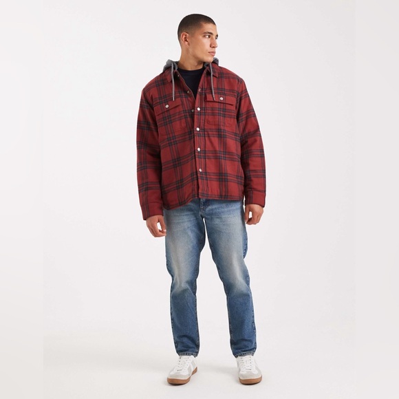 Levi's Francico Sherpa Flannel hooded shirt jacket red NEW large - Picture 3 of 15